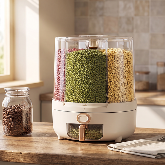 Carousel rotating grain dispenser on a wooden kitchen worktop