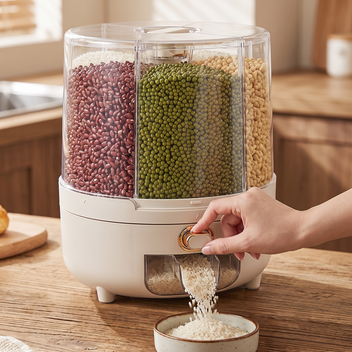Carousel dispenser in use, rice pouring into a bowl