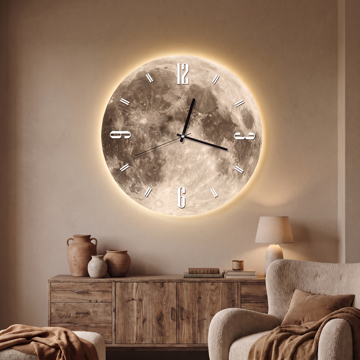 Luna backlit moon clock above a wooden sideboard, halo lit in the evening