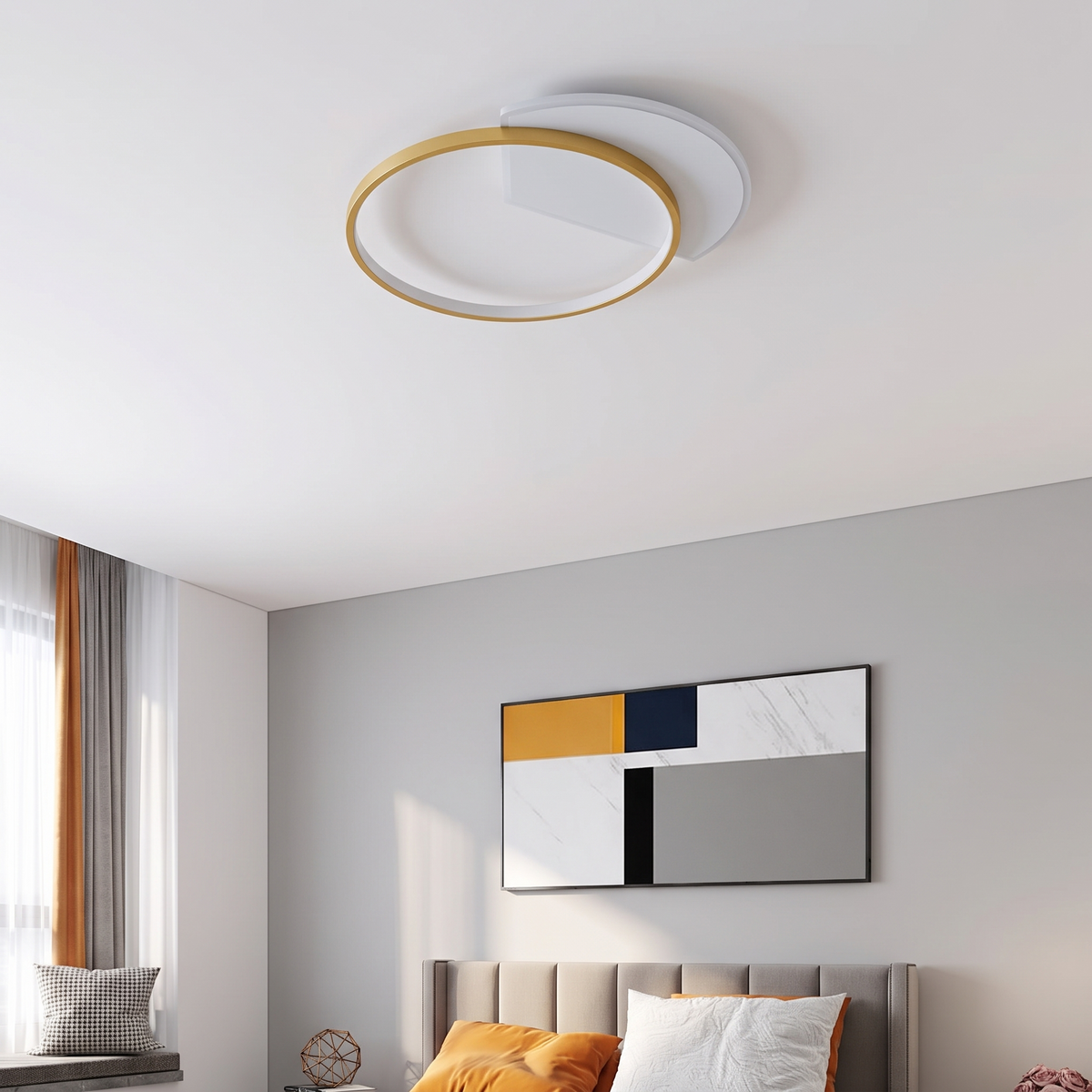 Orbit flush ceiling light switched off on a bedroom ceiling in daylight