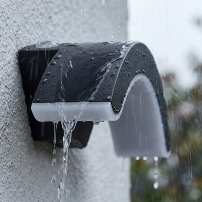 Rain running off the sealed matte black housing of the StormLite wall light