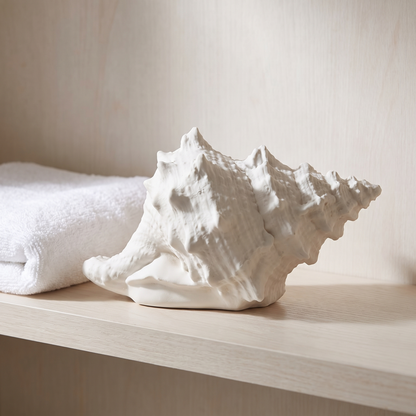 Marin conch light unlit on a shelf, showing the cast ridges and spines
