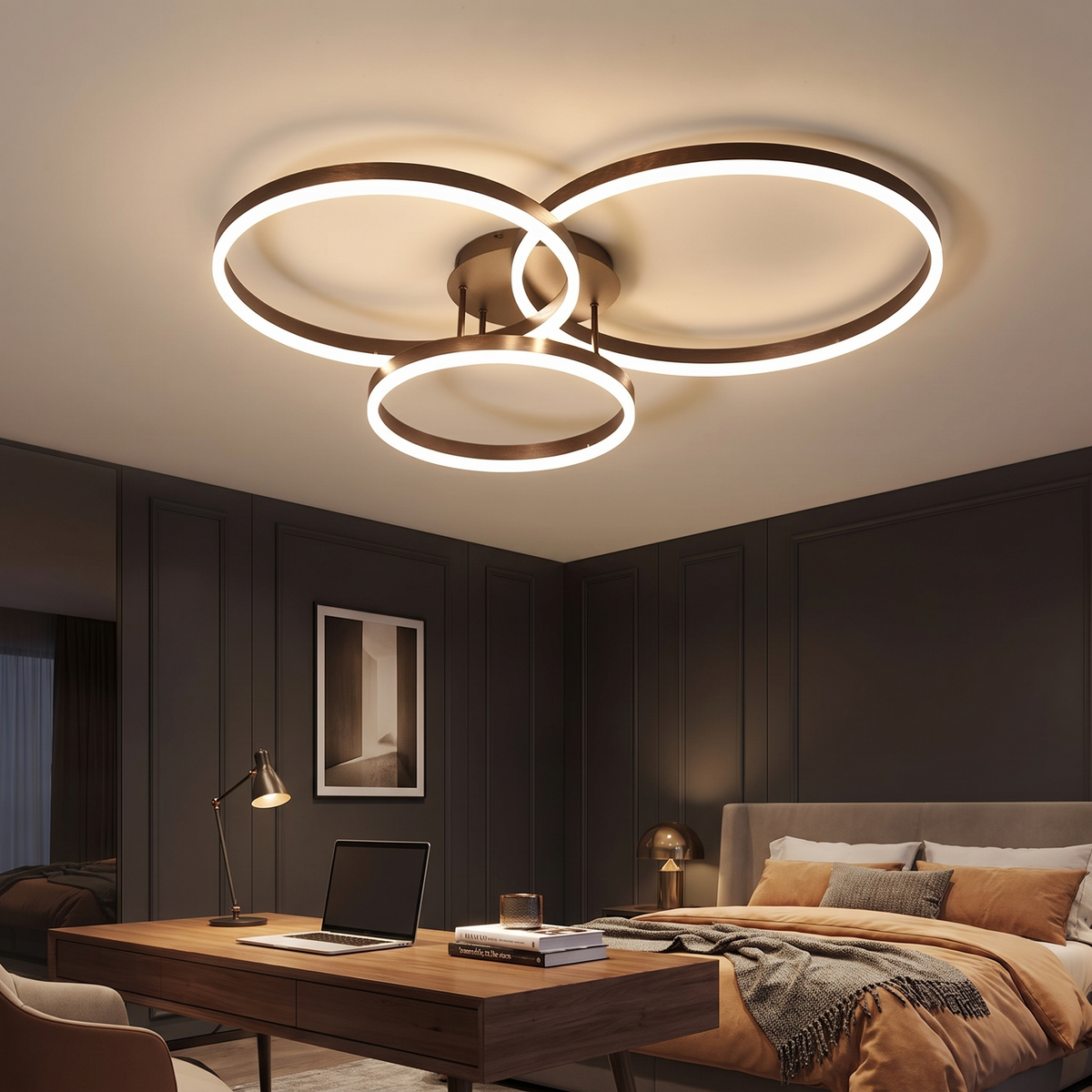 Ripple ceiling light lit warm in a study at true scale