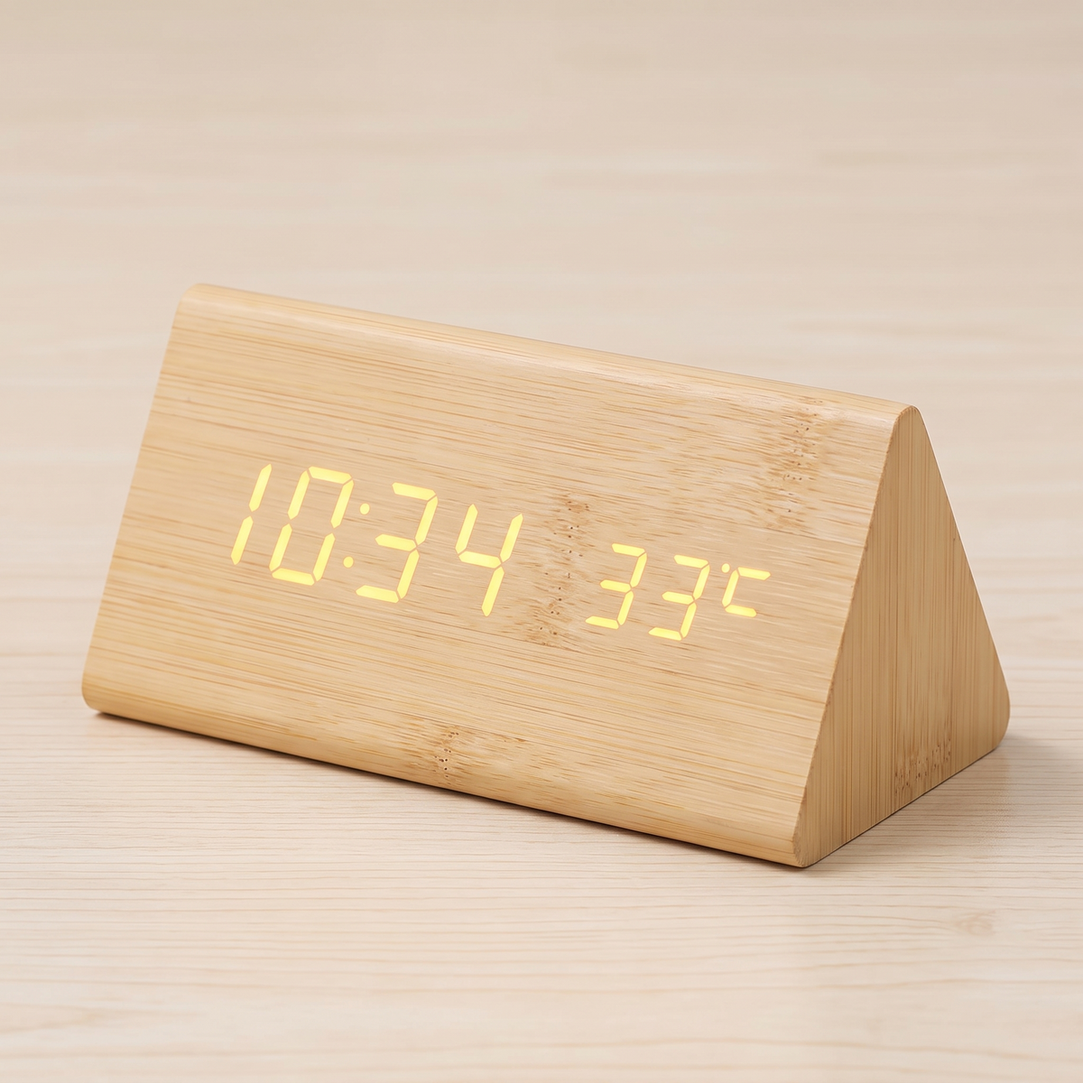 Tempo LED clock, bamboo triangular body