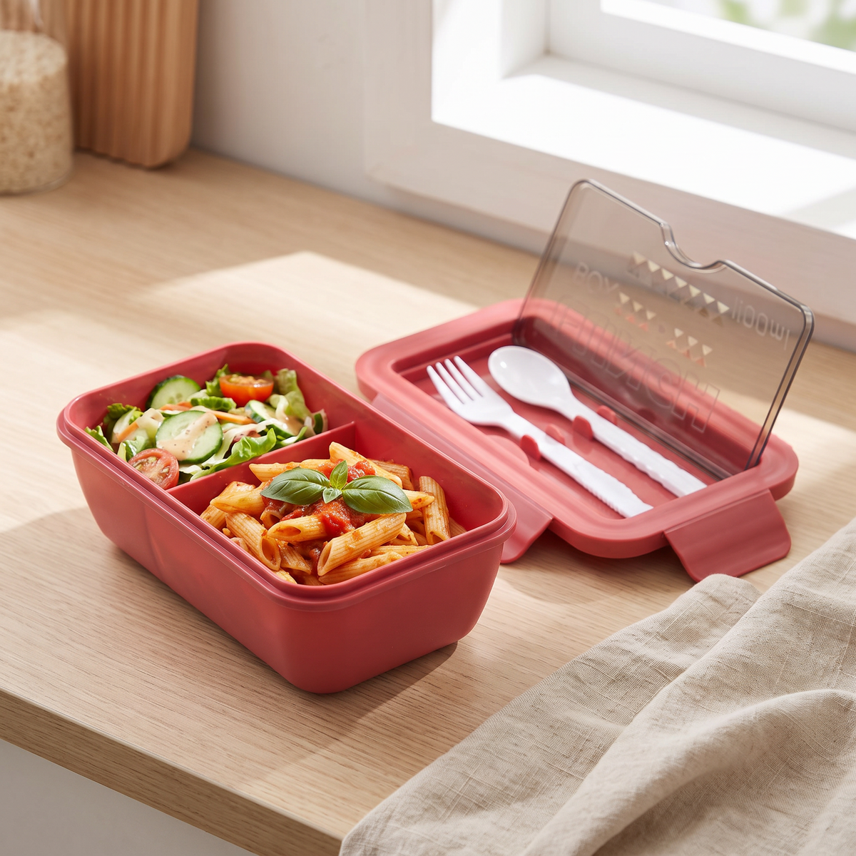 Noon two-compartment lunch box in red on a kitchen counter