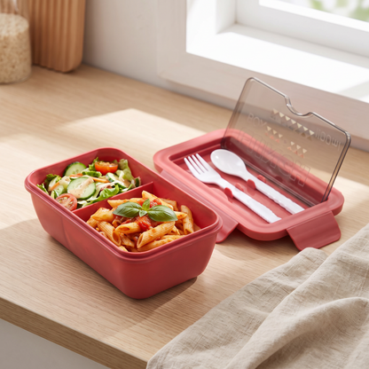 Noon two-compartment lunch box in red on a kitchen counter