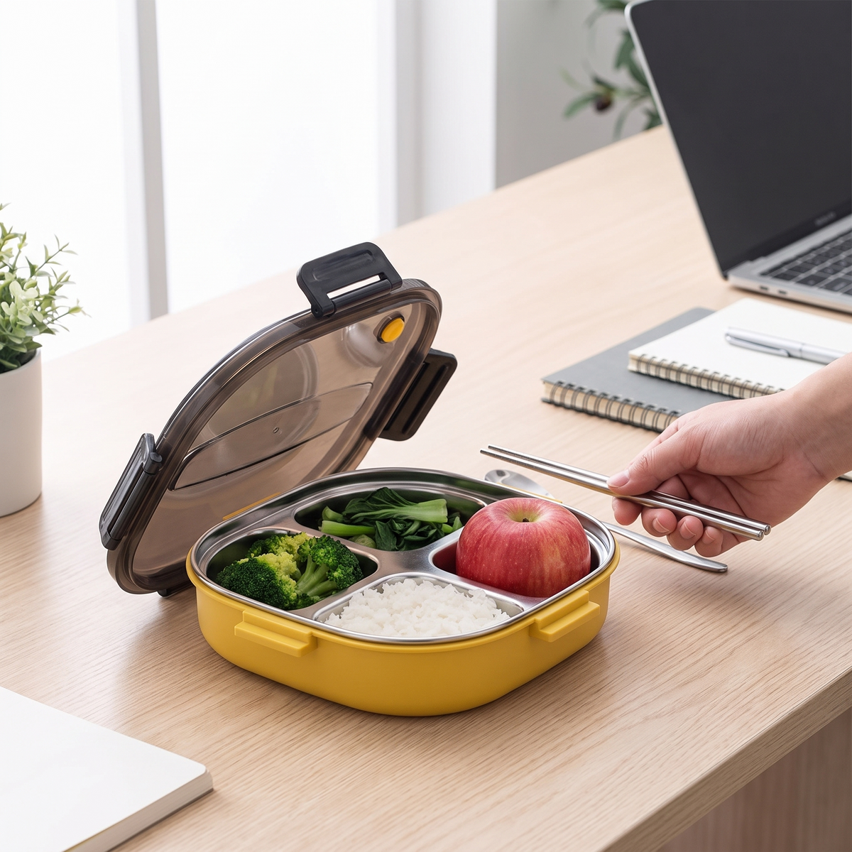 Quartet four-compartment steel lunch tray open on a wooden desk
