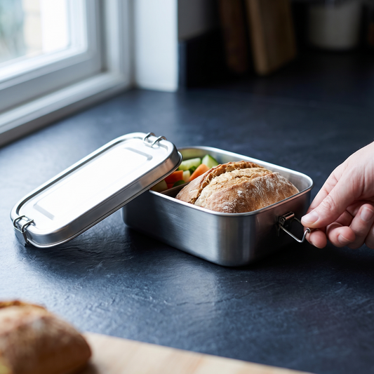 Clasp stainless steel lunch box open on a dark worktop