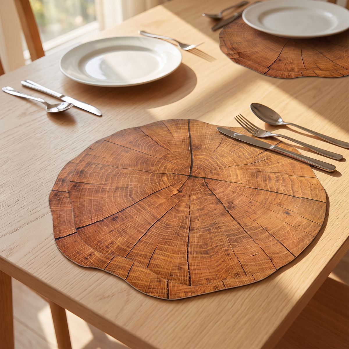 Ringwood round wood-grain placemat laid with a plate and cutlery
