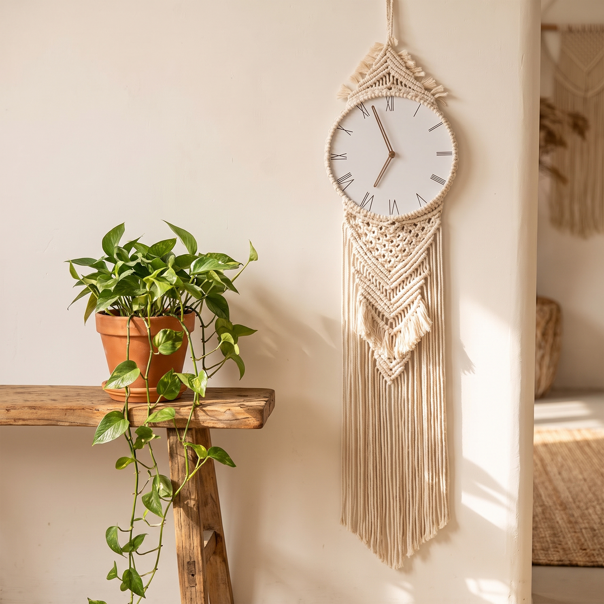 Braid macrame wall clock hanging on a plaster wall