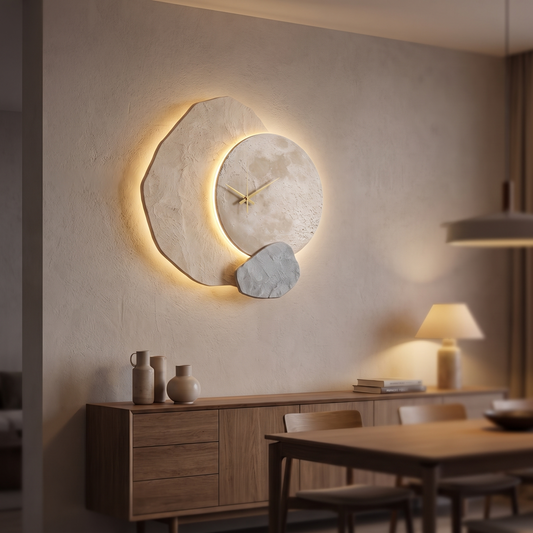 Cairn backlit stone wall clock glowing above a sideboard