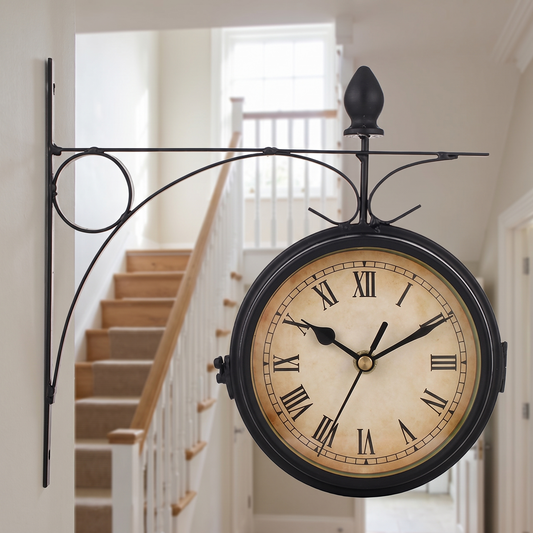 Depot double-sided station wall clock on a bracket in a hallway
