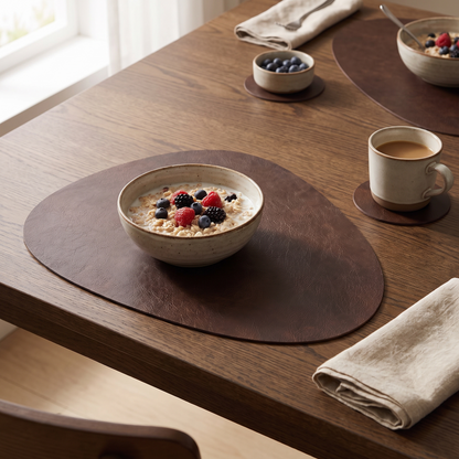 Pebble double-sided placemat and coaster on a dark oak table