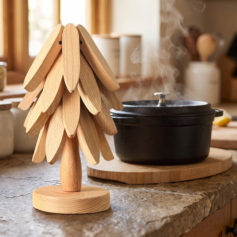 Spruce stacking bamboo trivet set beside a cast-iron casserole
