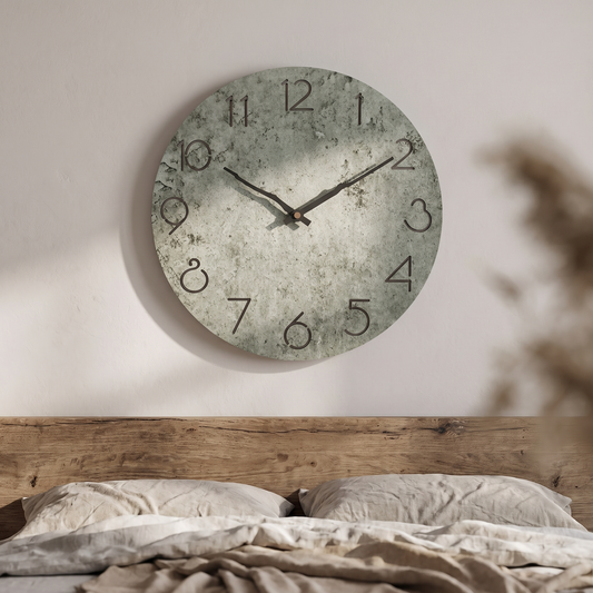 Lichen stone-texture wall clock above a bed
