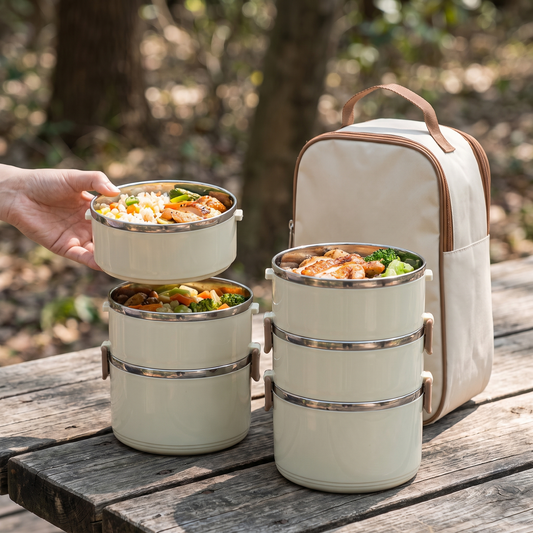 Tiffin three-tier insulated lunch set on an outdoor wooden table