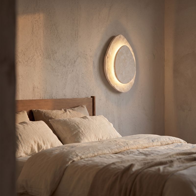 Cobble oval stone wall light glowing above a bed