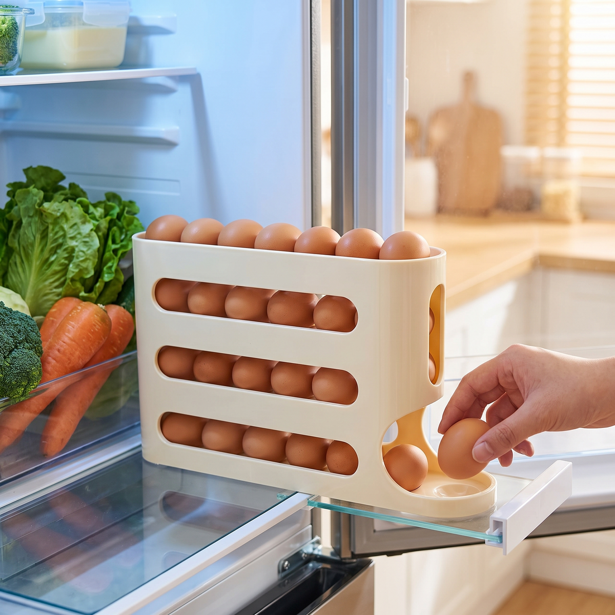 Roost roll-down egg dispenser on a fridge shelf