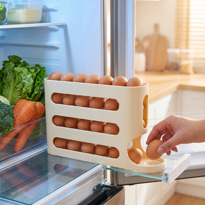 Roost roll-down egg dispenser on a fridge shelf