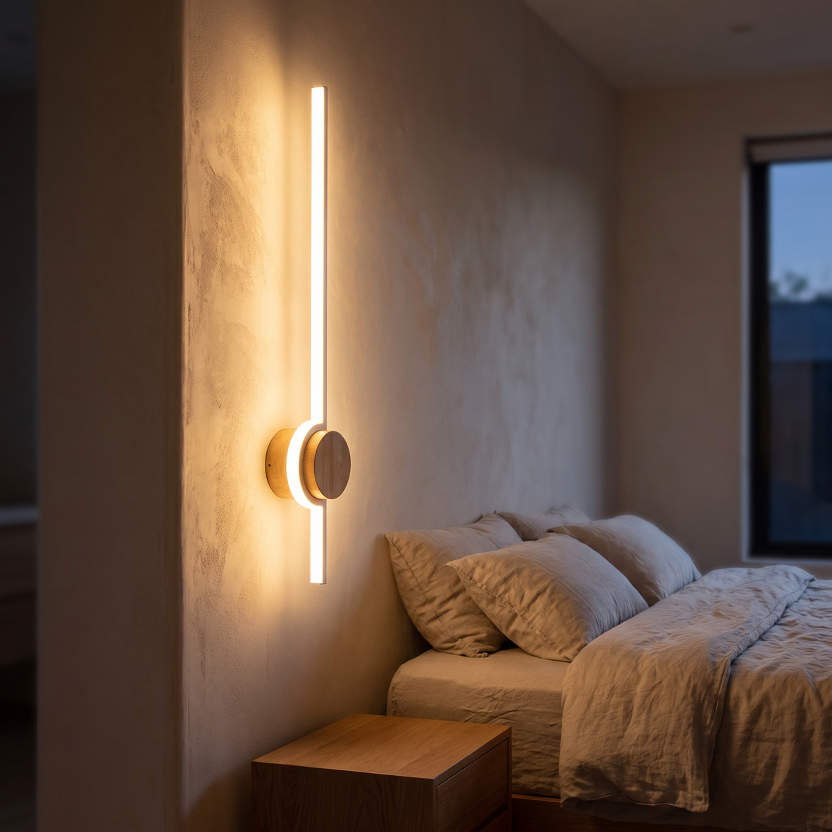 Batten slim LED wall light mounted beside a bed