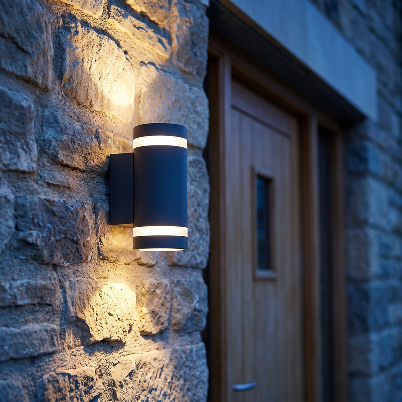 Column black up-down wall light on a stone exterior wall