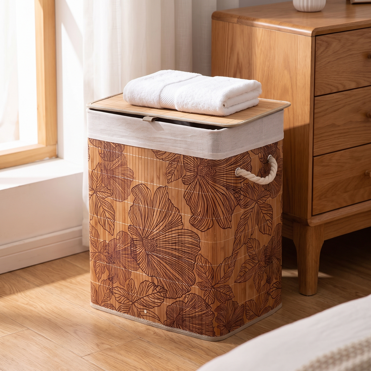 Reed lidded bamboo laundry basket in a bedroom