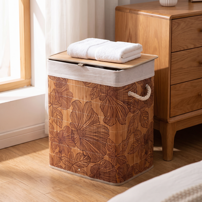 Reed lidded bamboo laundry basket in a bedroom