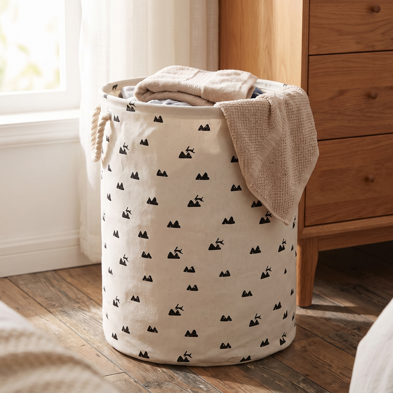 Sketch printed canvas storage basket in a bedroom