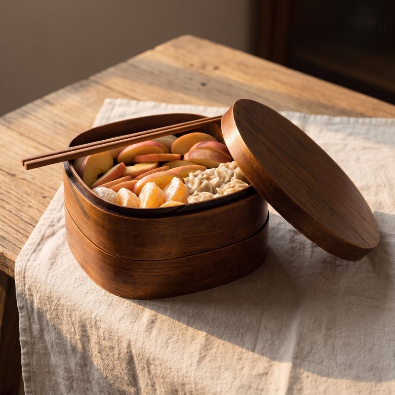 Grain oval two-tier wooden bento box with the lid lifted off