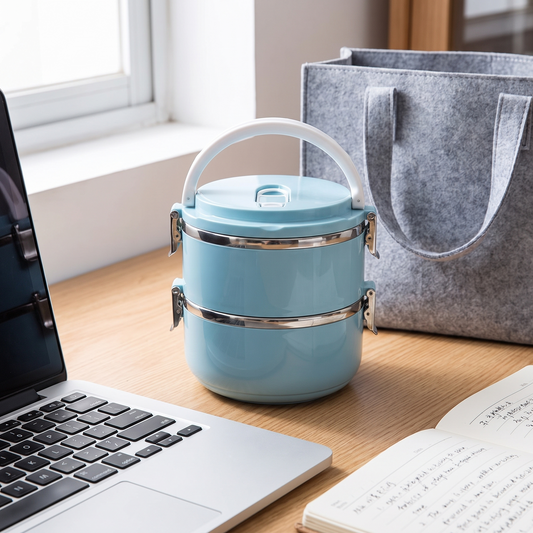 Commute two-tier steel lunch box with carry handle on a desk