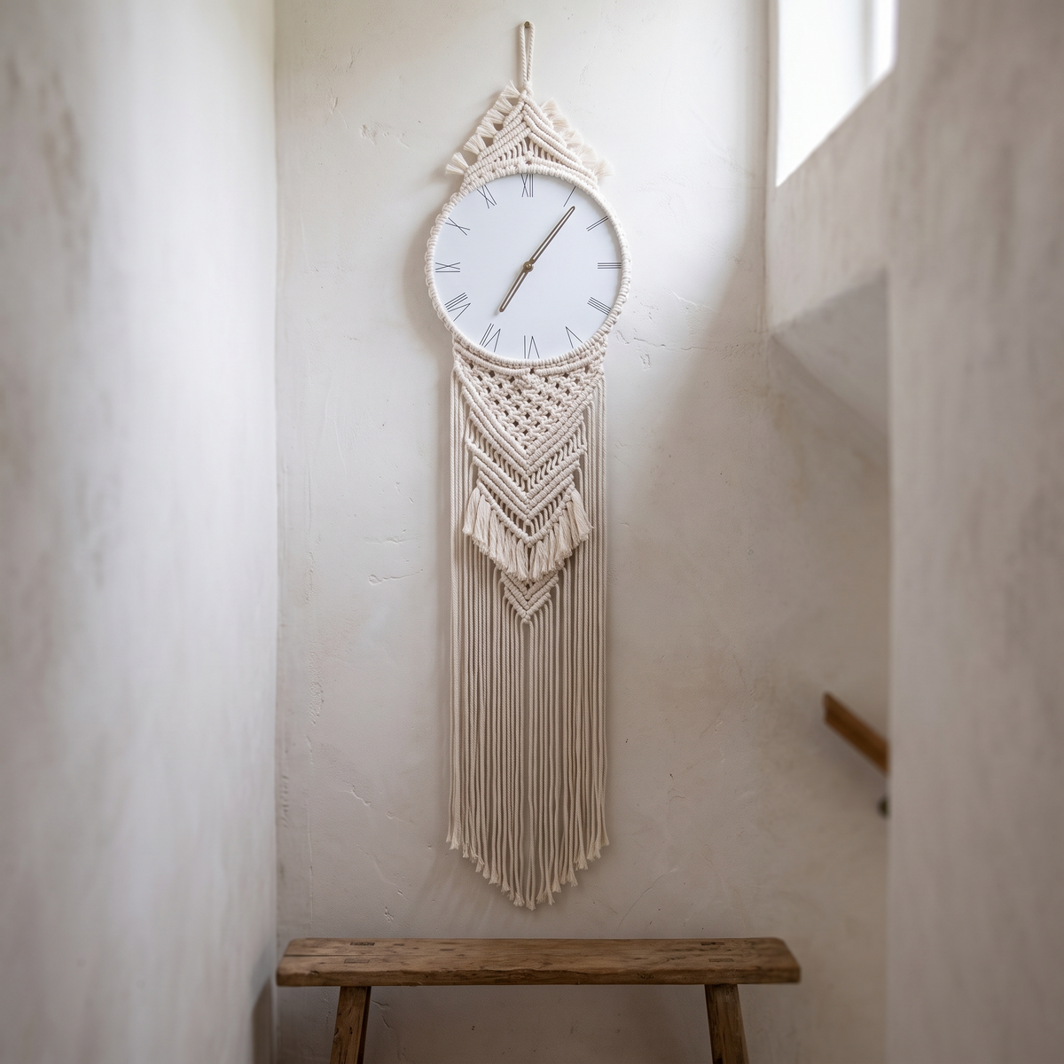 Braid macrame wall clock hanging full length in a stairwell