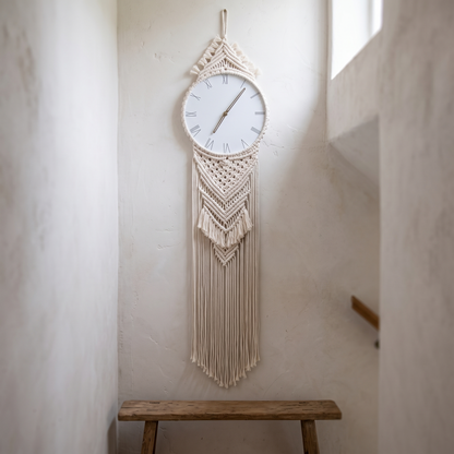 Braid macrame wall clock hanging full length in a stairwell