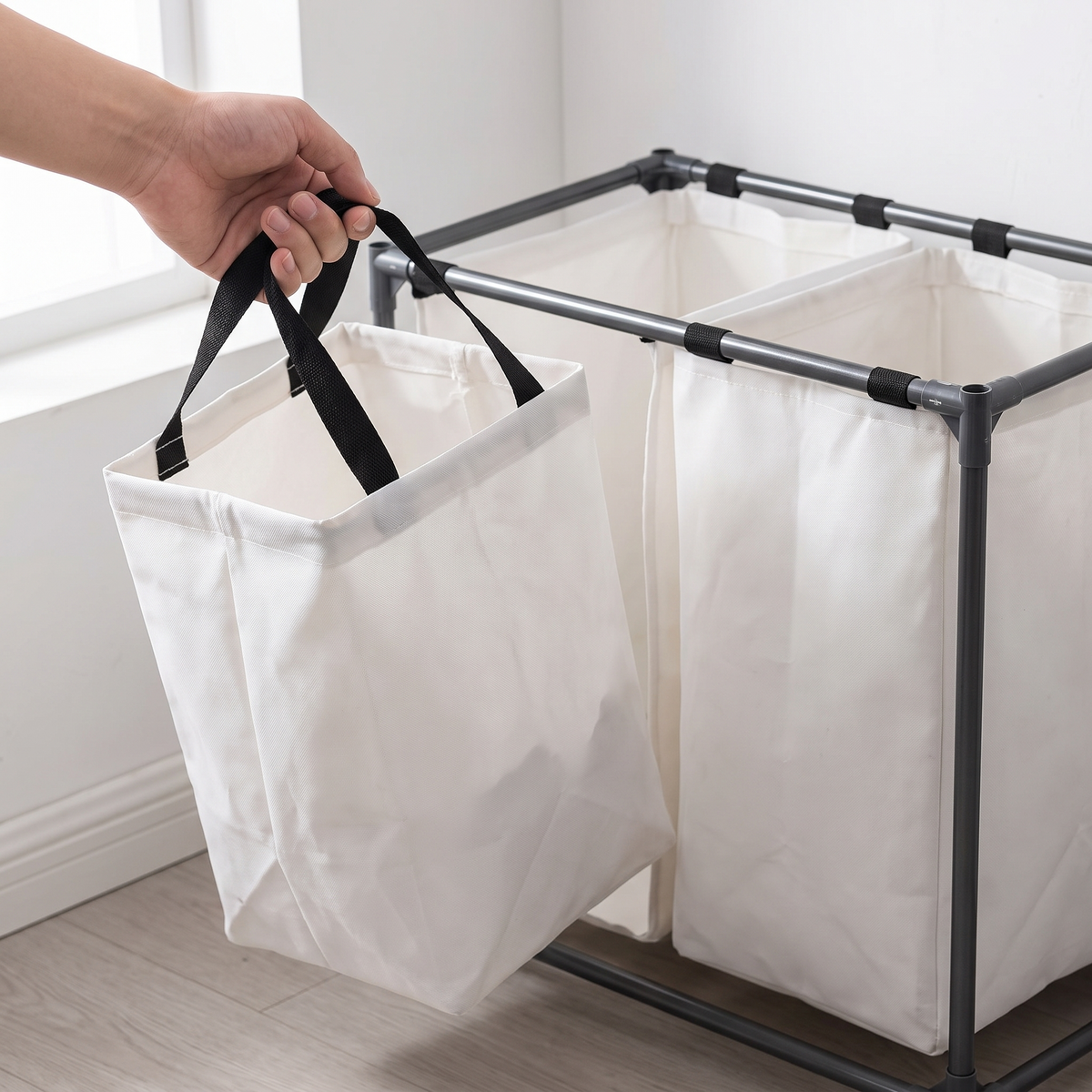 Lifting a bag out of the Triage laundry sorter frame