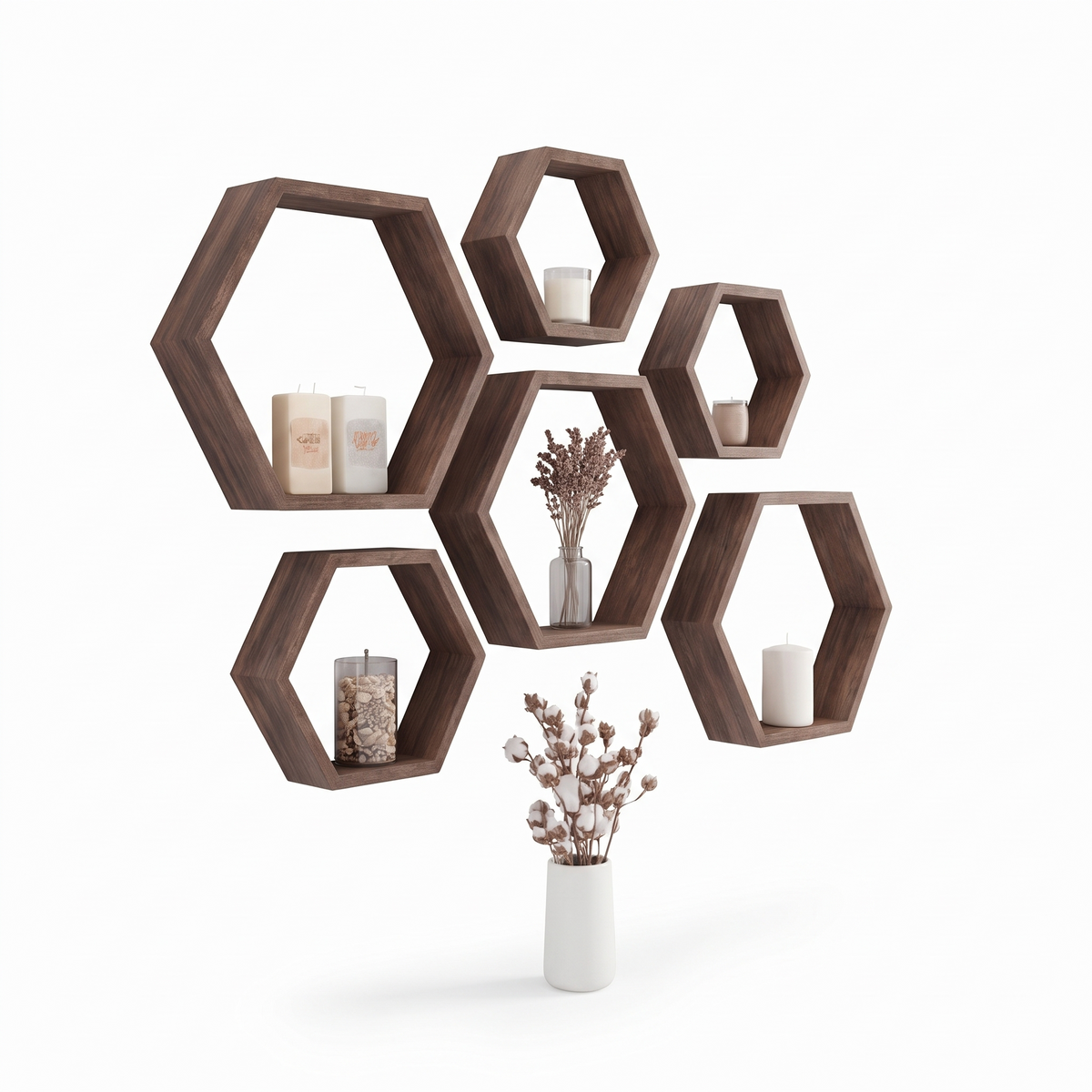 Comb | Walnut Hexagon Wall Shelves, Set of Five