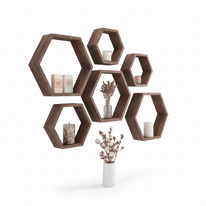 Comb | Walnut Hexagon Wall Shelves, Set of Five
