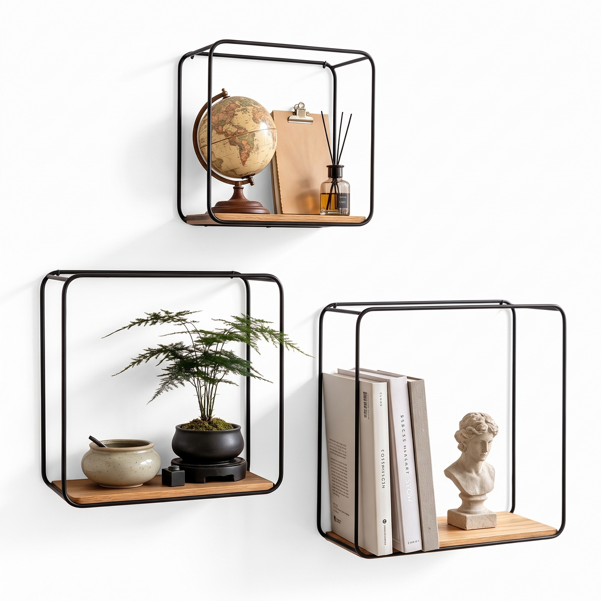 Trestle | Metal and Wood Wall Shelves, Set of Three, Black