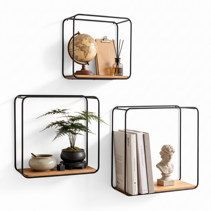 Trestle | Metal and Wood Wall Shelves, Set of Three, Black
