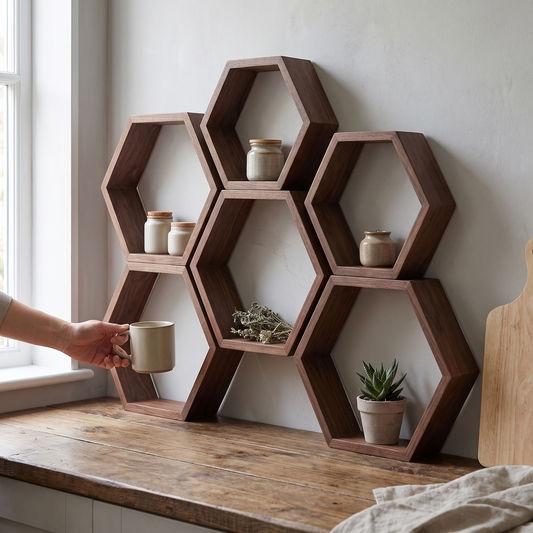 Comb | Walnut Hexagon Wall Shelves, Set of Five