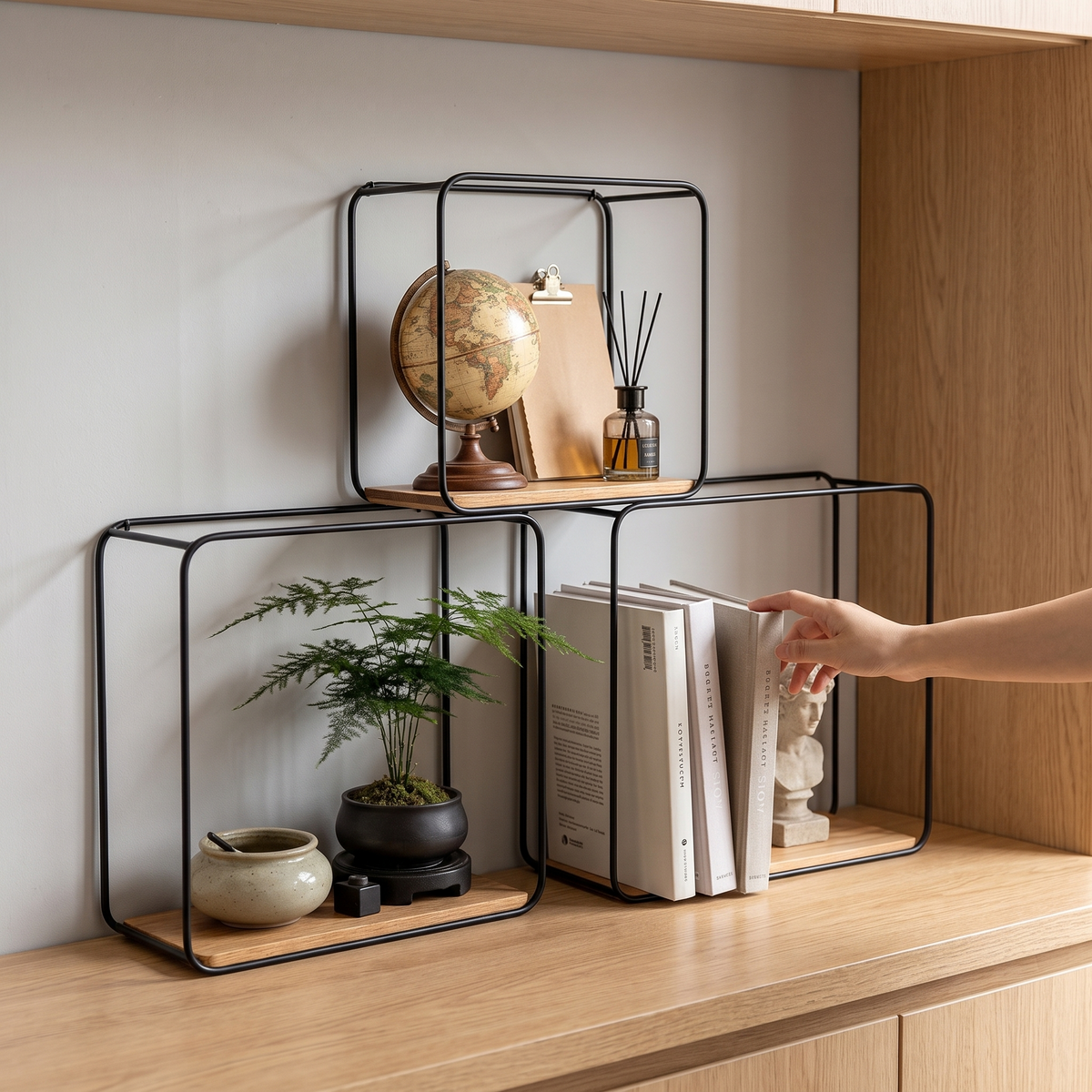 Trestle | Metal and Wood Wall Shelves, Set of Three, Black