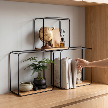 Trestle | Metal and Wood Wall Shelves, Set of Three, Black